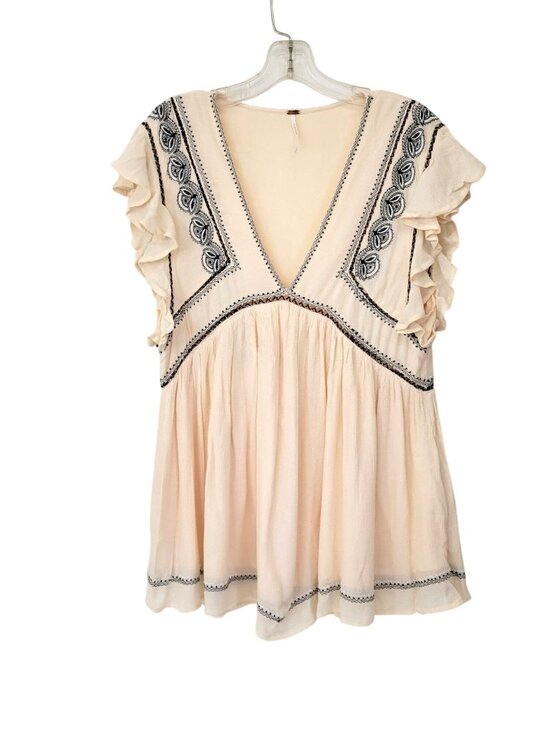 Free People Tops - Free People Cream Top With Black Embroidery and Ruffles Women's Size M